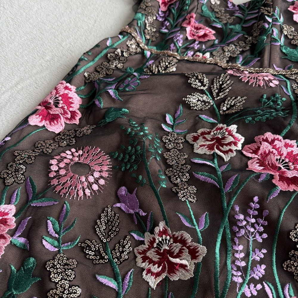 Floral Embroidered Mesh Cocktail Dress with Tulle Shoulders - Pink/Green - Picture 7 of 13